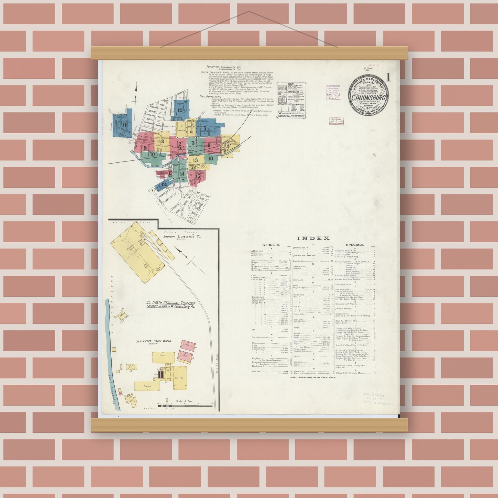 Old map wall art mockup — magnetic wood frame on brick wall — Sanborn Fire Insurance Map from Canonsburg, Washington County, Pennsylvania (1907) - Complete Map Set