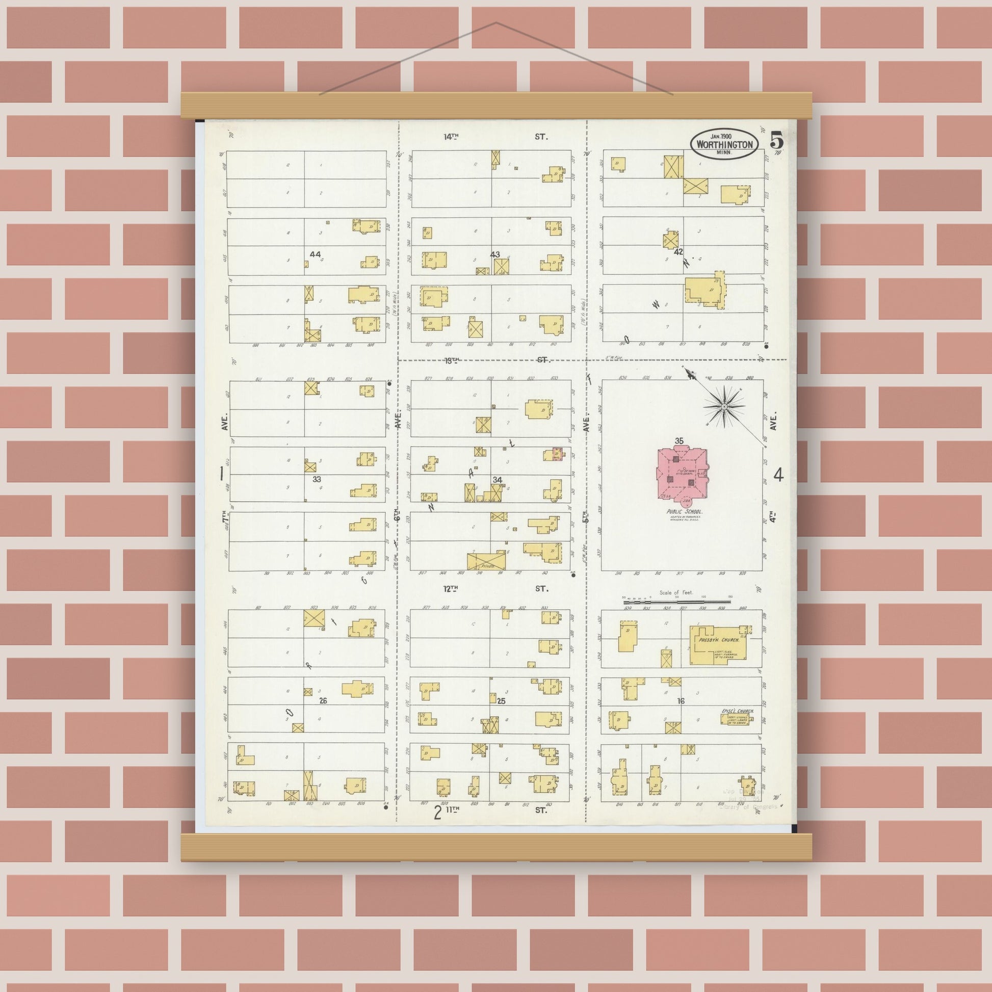 Old map wall art mockup — magnetic wood frame on brick wall — Sanborn Fire Insurance Map from Worthington, Nobles County, Minnesota (1900), Sheet #0005