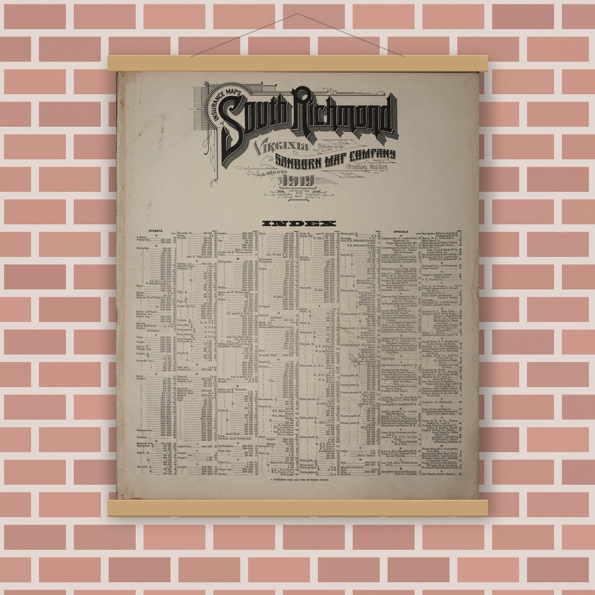 Old map wall art mockup — magnetic wood frame on brick wall — Sanborn Fire Insurance Map from Richmond, Independent Cities, Virginia (1919), Sheet #0001