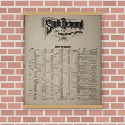 Old map wall art mockup — magnetic wood frame on brick wall — Sanborn Fire Insurance Map from Richmond, Independent Cities, Virginia (1919), Sheet #0001