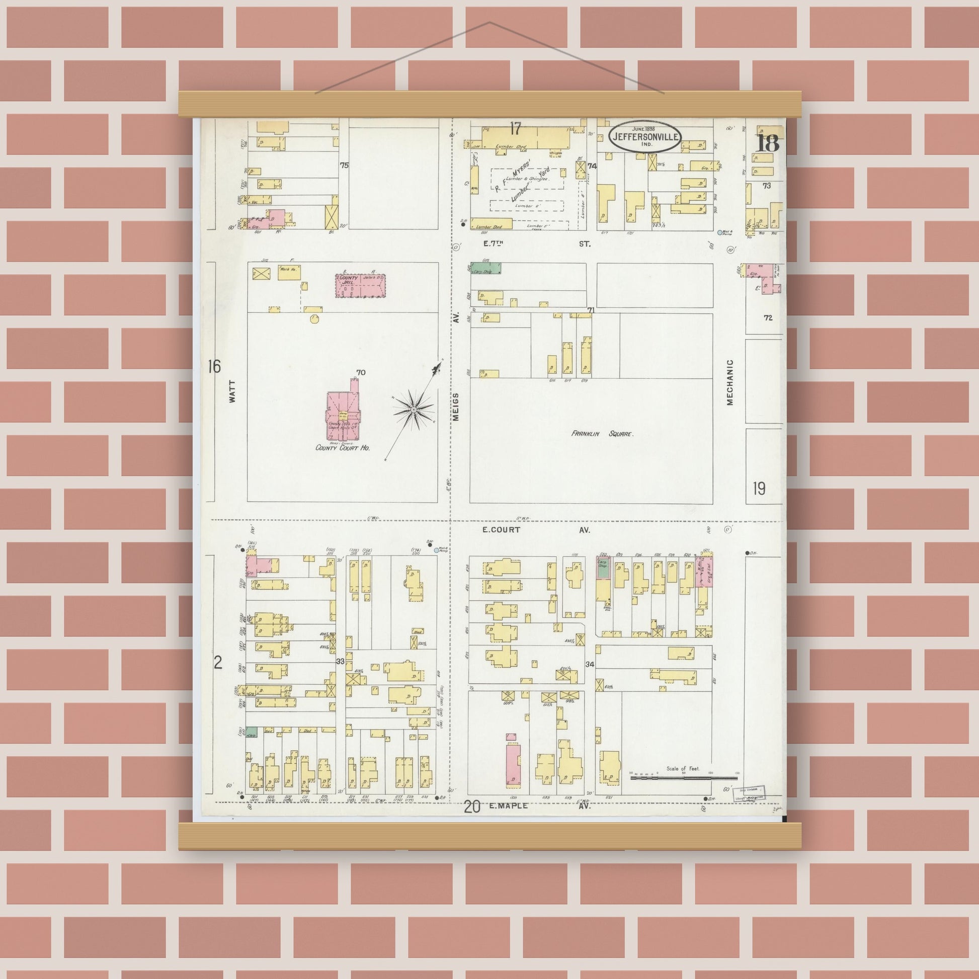 Old map wall art mockup — magnetic wood frame on brick wall — Sanborn Fire Insurance Map from Jeffersonville, Clark County, Indiana (1898), Sheet #0018