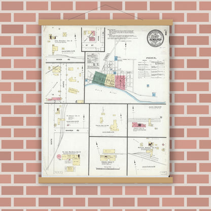 Old map wall art mockup — magnetic wood frame on brick wall — Sanborn Fire Insurance Map from Newburgh, Warrick County, Indiana (1910) - Complete Map Set