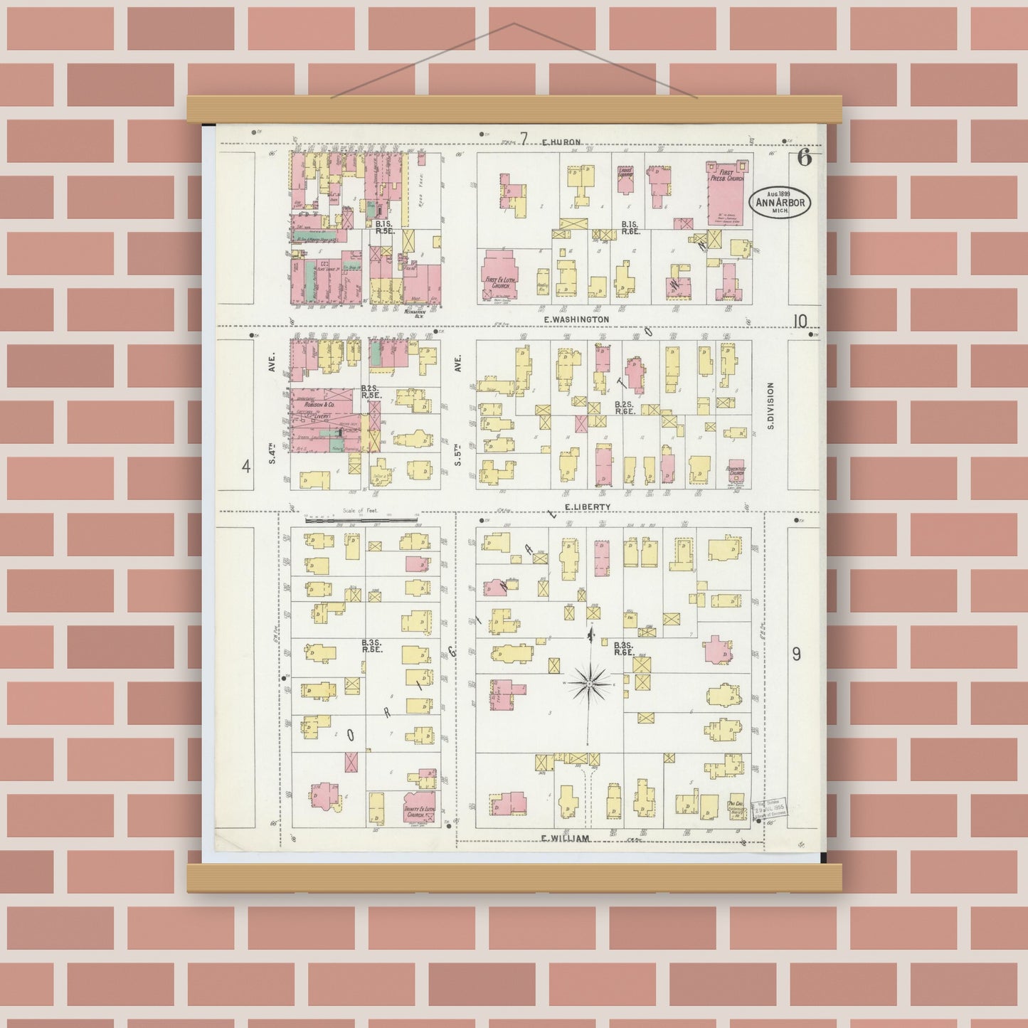 Old map wall art mockup — magnetic wood frame on brick wall — Sanborn Fire Insurance Map from Ann Arbor, Washtenaw County, Michigan (1899), Sheet #0006