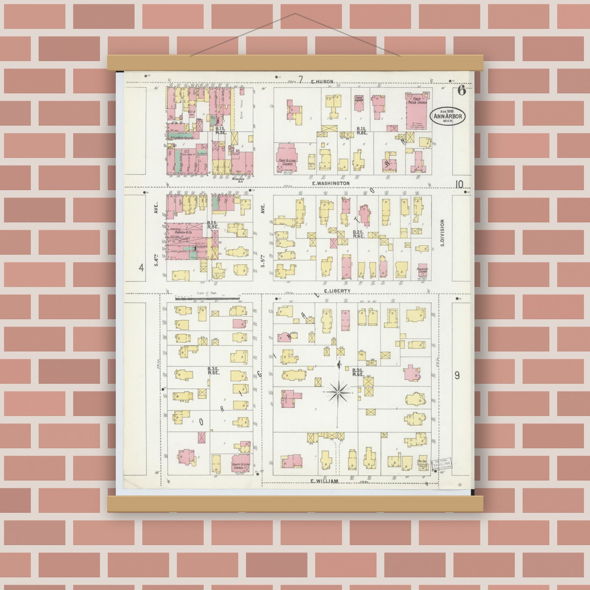 Old map wall art mockup — magnetic wood frame on brick wall — Sanborn Fire Insurance Map from Ann Arbor, Washtenaw County, Michigan (1899), Sheet #0006