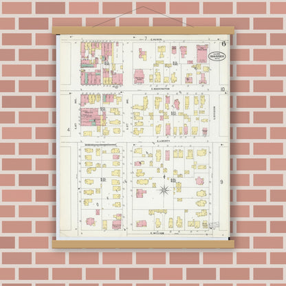 Old map wall art mockup — magnetic wood frame on brick wall — Sanborn Fire Insurance Map from Ann Arbor, Washtenaw County, Michigan (1899), Sheet #0006