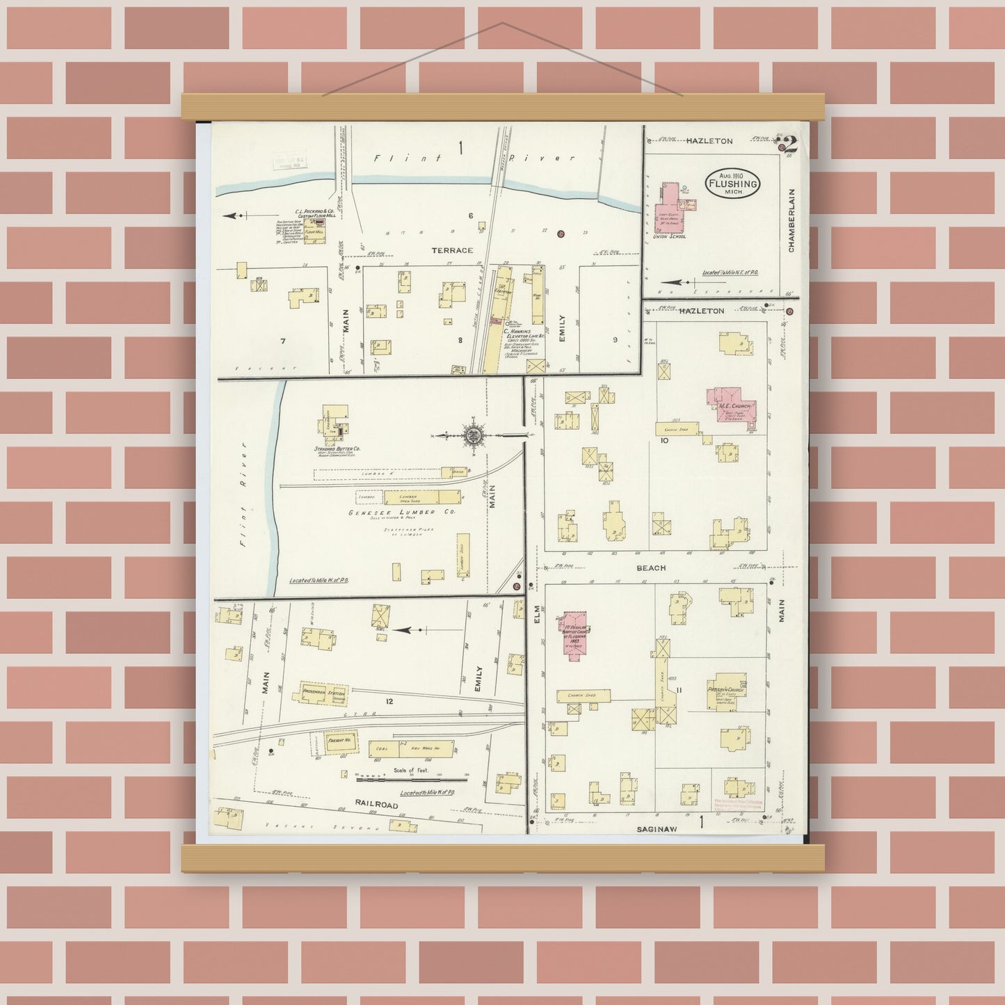 Old map wall art mockup — magnetic wood frame on brick wall — Sanborn Fire Insurance Map from Flushing, Genesee County, Michigan (1910), Sheet #0002