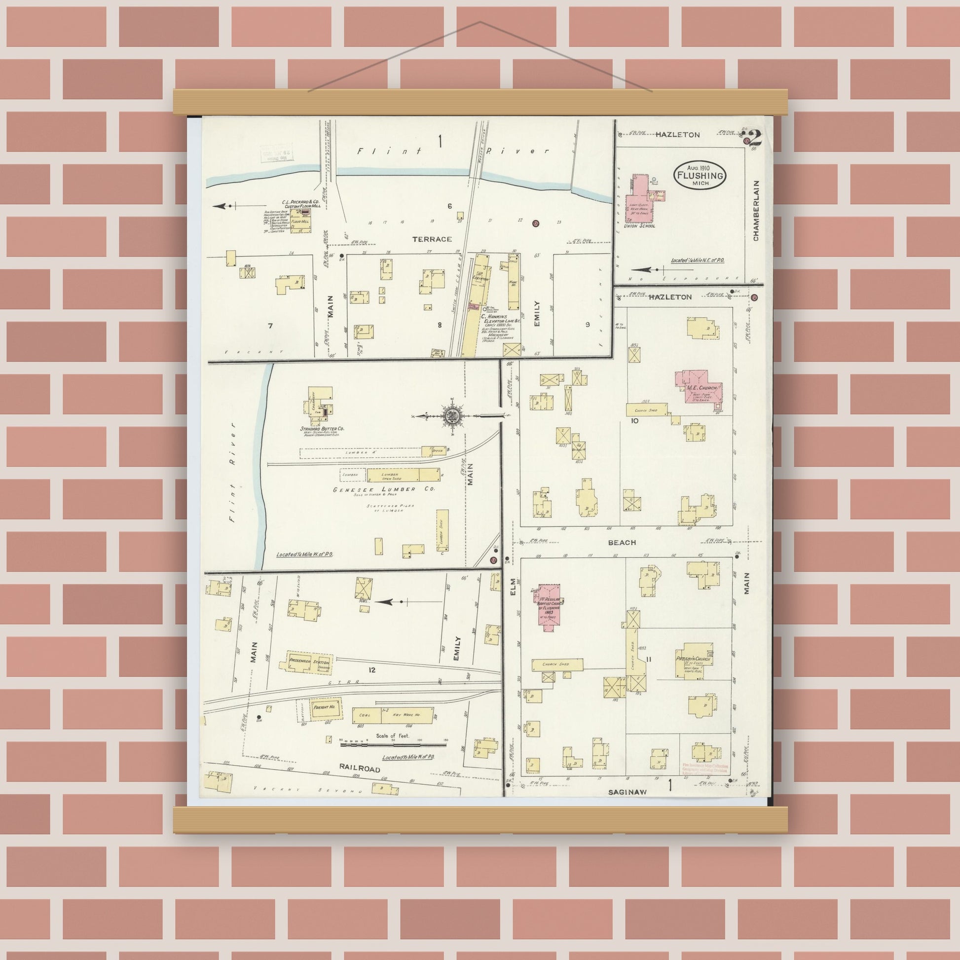 Old map wall art mockup — magnetic wood frame on brick wall — Sanborn Fire Insurance Map from Flushing, Genesee County, Michigan (1910), Sheet #0002