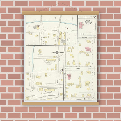 Old map wall art mockup — magnetic wood frame on brick wall — Sanborn Fire Insurance Map from Flushing, Genesee County, Michigan (1910), Sheet #0002