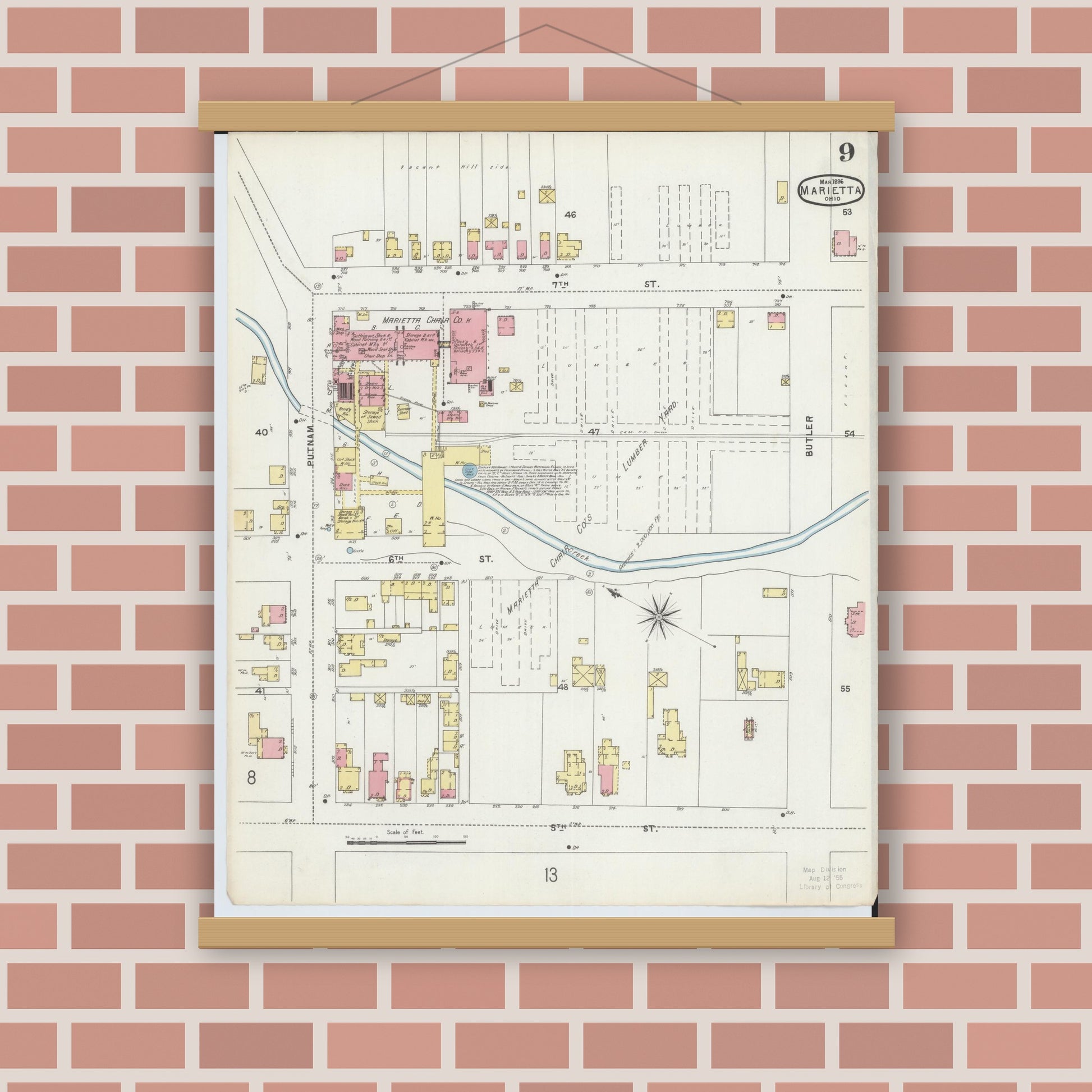 Old map wall art mockup — magnetic wood frame on brick wall — Sanborn Fire Insurance Map from Marietta, Washington County, Ohio (1896), Sheet #0009