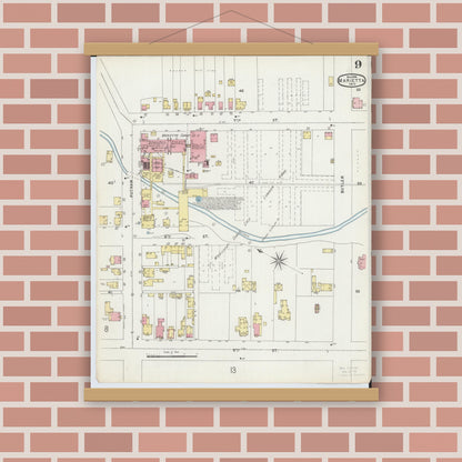 Old map wall art mockup — magnetic wood frame on brick wall — Sanborn Fire Insurance Map from Marietta, Washington County, Ohio (1896), Sheet #0009