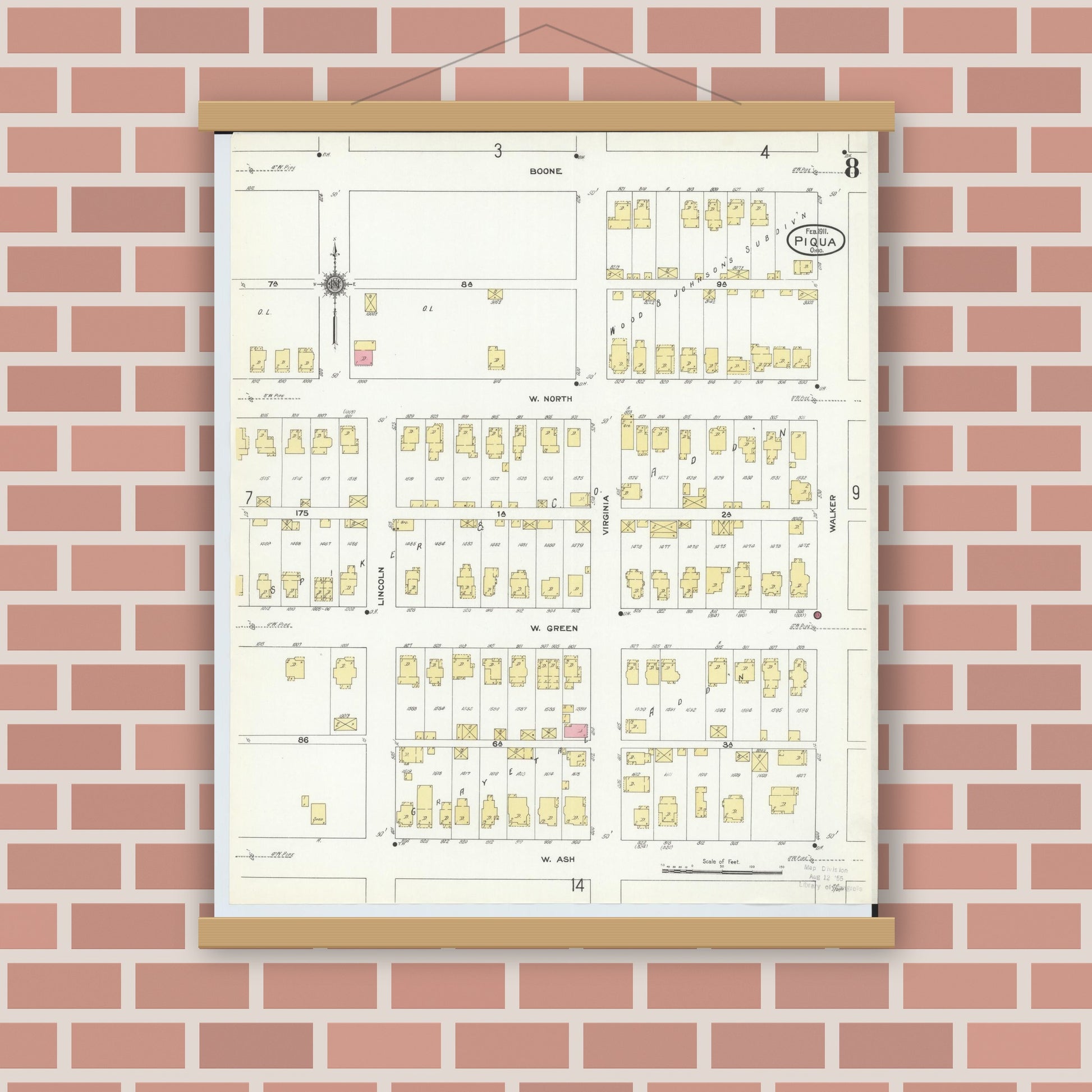 Old map wall art mockup — magnetic wood frame on brick wall — Sanborn Fire Insurance Map from Piqua, Miami County, Ohio (1911), Sheet #0008