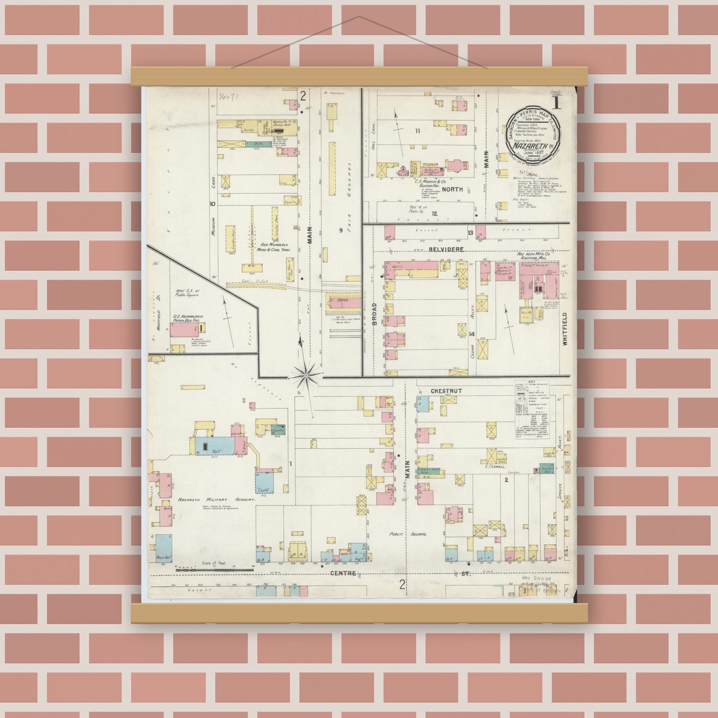 Old map wall art mockup — magnetic wood frame on brick wall — Sanborn Fire Insurance Map from Nazareth, Northampton County, Pennsylvania (1897) - Complete Map Set