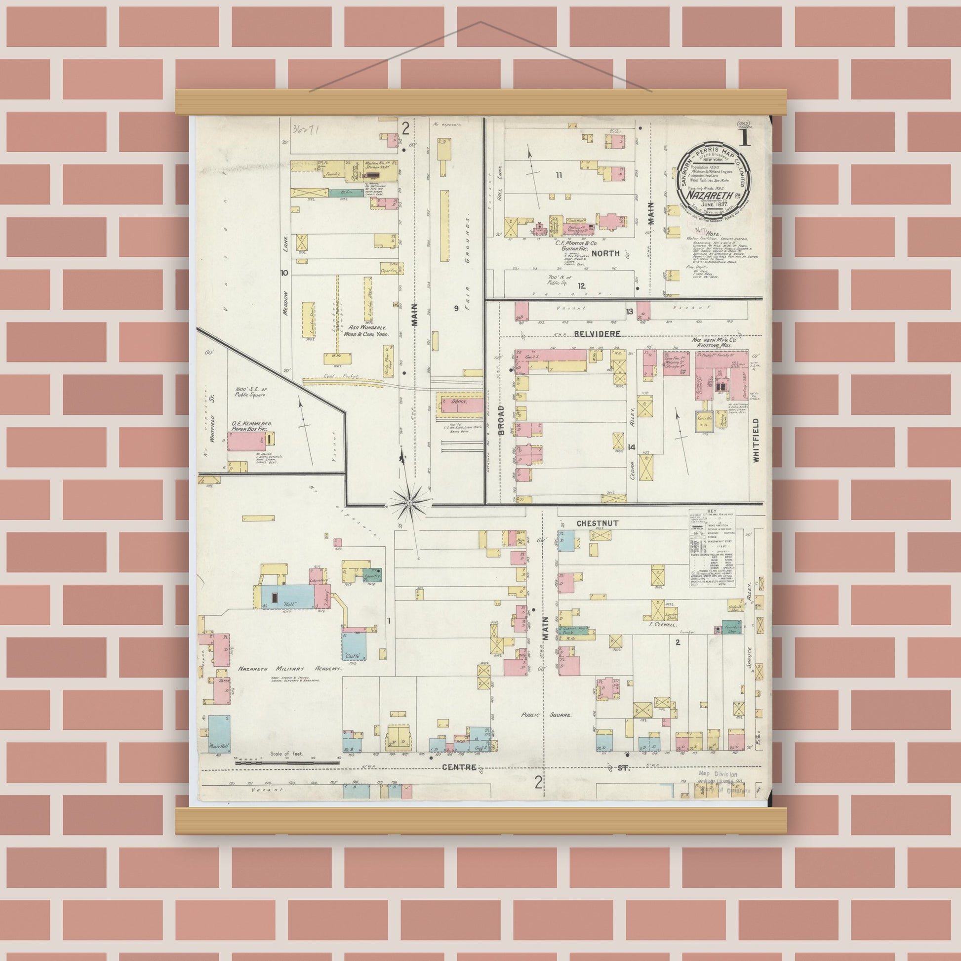 Old map wall art mockup — magnetic wood frame on brick wall — Sanborn Fire Insurance Map from Nazareth, Northampton County, Pennsylvania (1897) - Complete Map Set