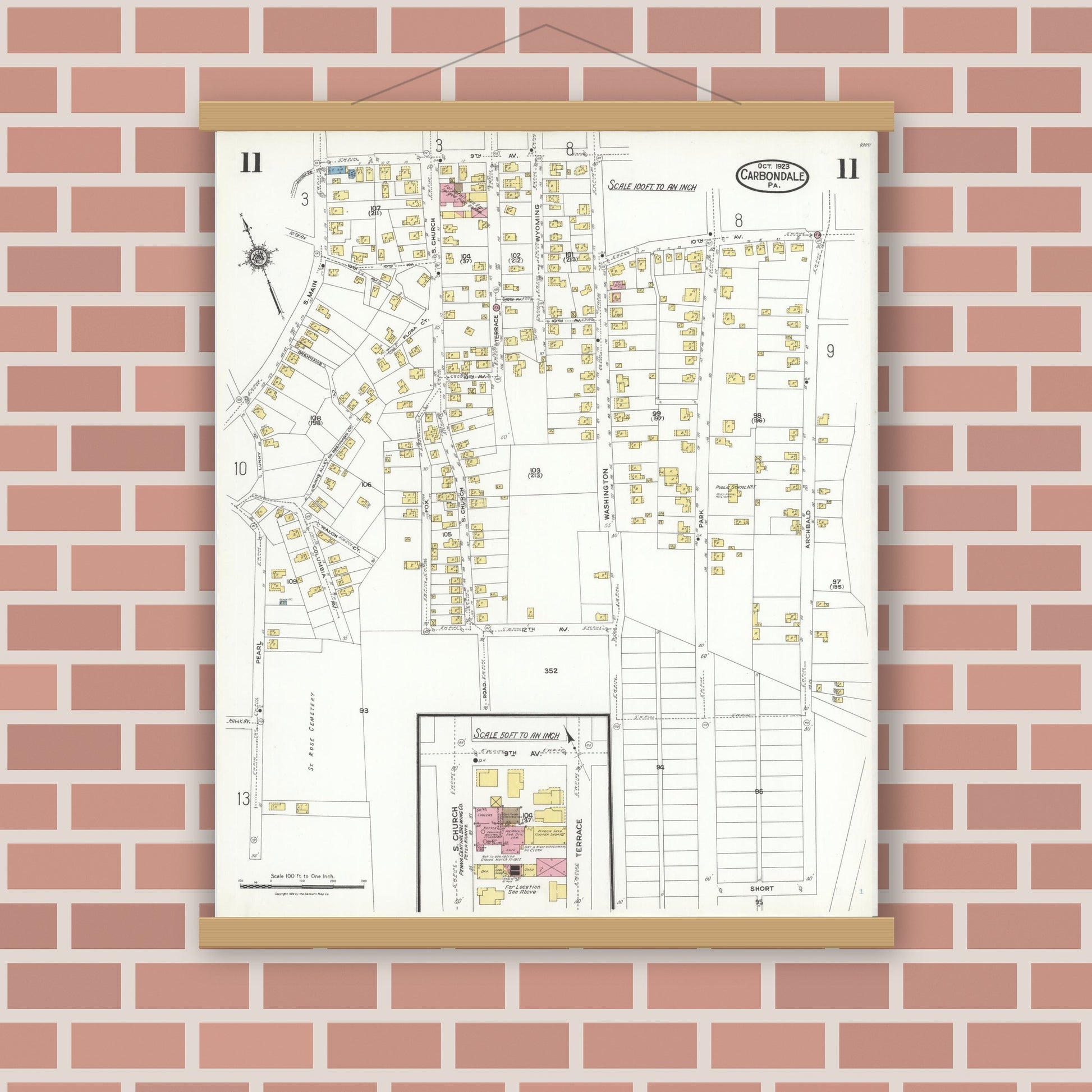 Old map wall art mockup — magnetic wood frame on brick wall — Sanborn Fire Insurance Map from Carbondale, Lackawanna County, Pennsylvania (1923), Sheet #0011