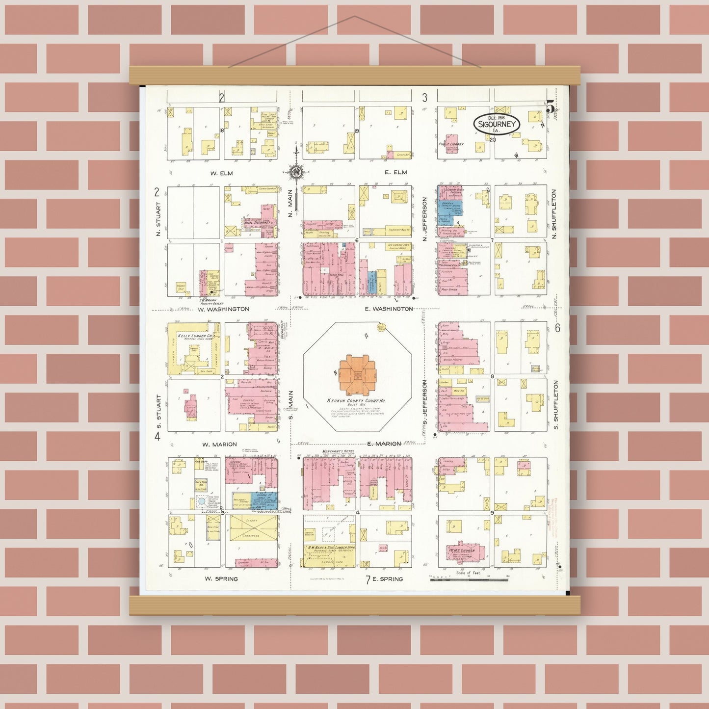 Old map wall art mockup — magnetic wood frame on brick wall — Sanborn Fire Insurance Map from Sigourney, Kiokuk County, Iowa (1916), Sheet #0005