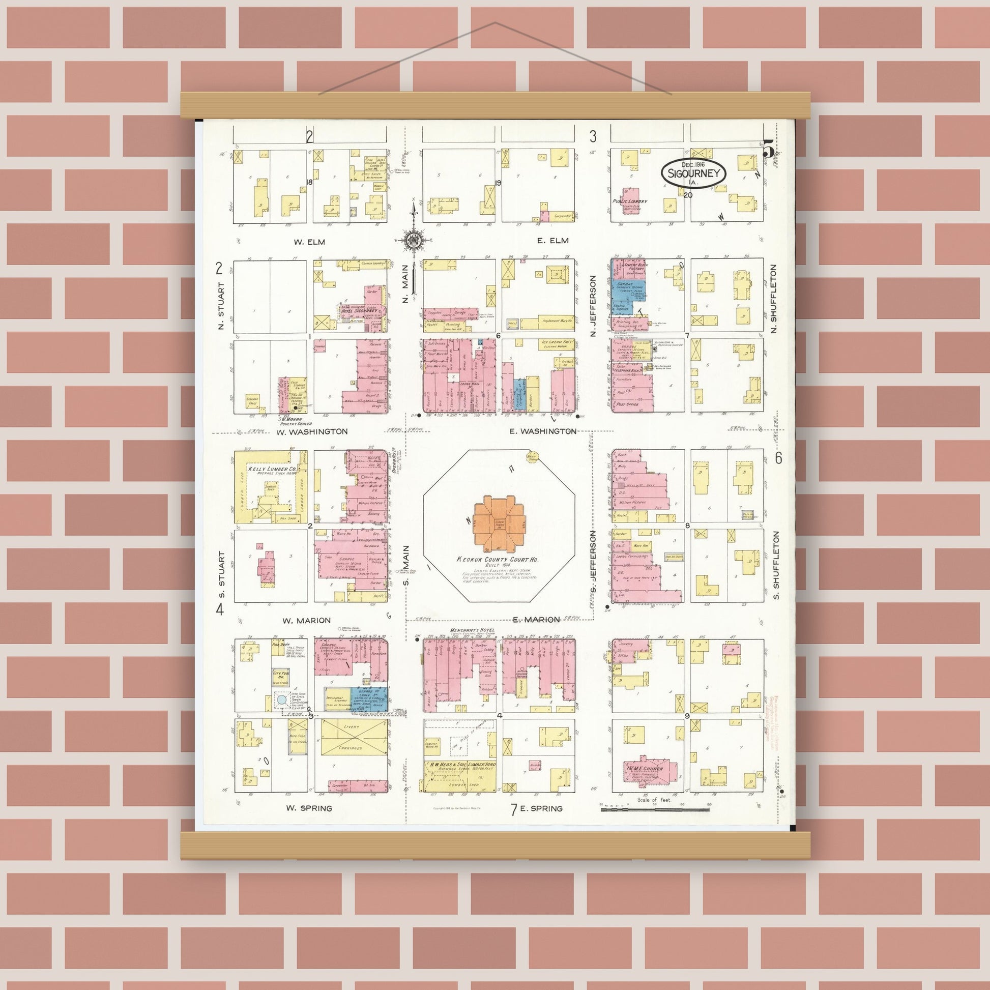 Old map wall art mockup — magnetic wood frame on brick wall — Sanborn Fire Insurance Map from Sigourney, Kiokuk County, Iowa (1916), Sheet #0005
