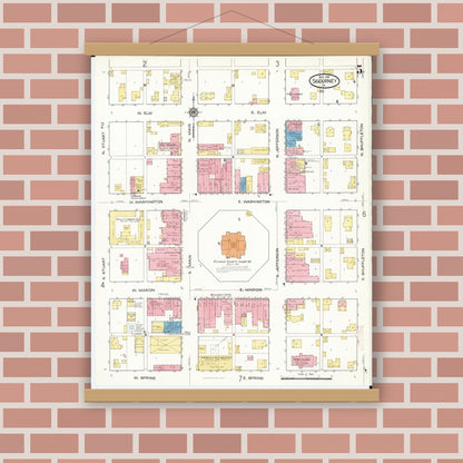 Old map wall art mockup — magnetic wood frame on brick wall — Sanborn Fire Insurance Map from Sigourney, Kiokuk County, Iowa (1916), Sheet #0005