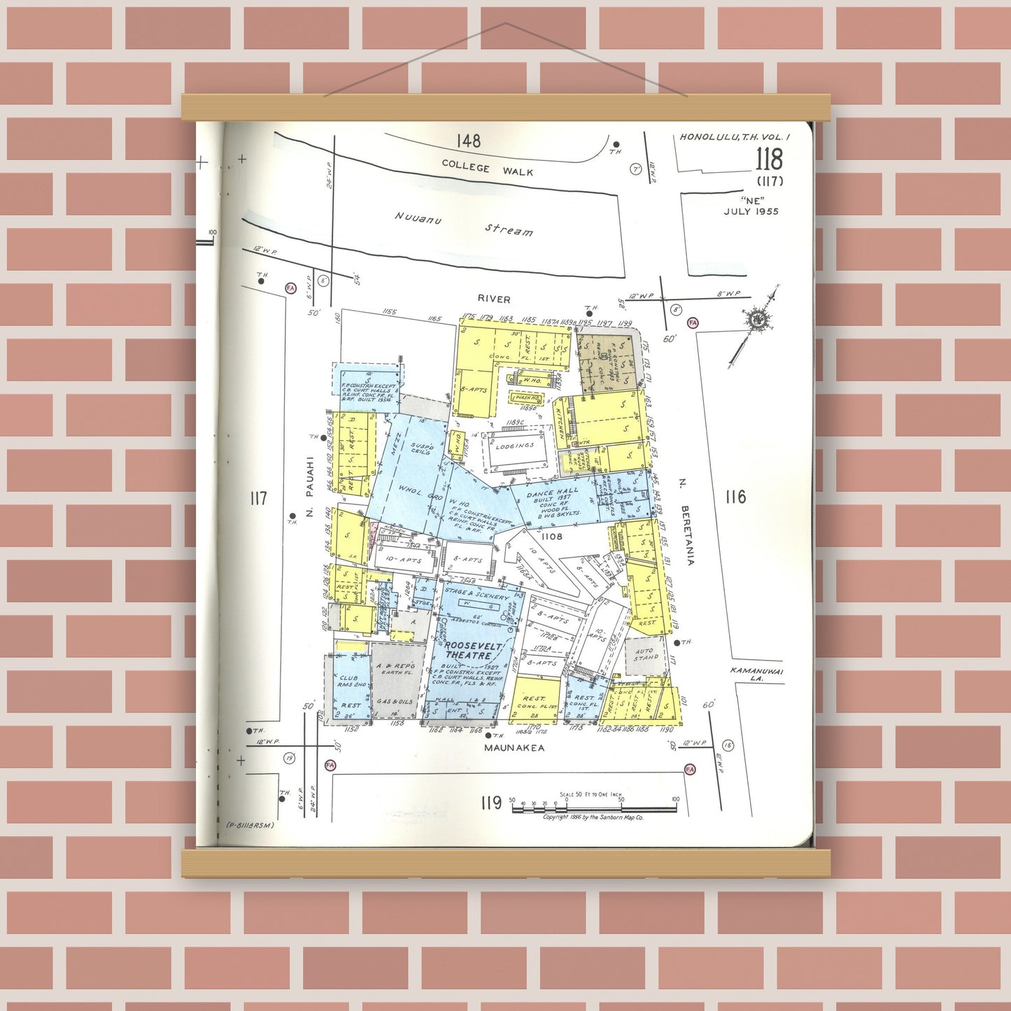 Old map wall art mockup — magnetic wood frame on brick wall — Sanborn Fire Insurance Map from Honolulu, Oahu County, Hawaii (1955), Sheet #0118
