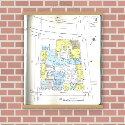 Old map wall art mockup — magnetic wood frame on brick wall — Sanborn Fire Insurance Map from Honolulu, Oahu County, Hawaii (1955), Sheet #0118
