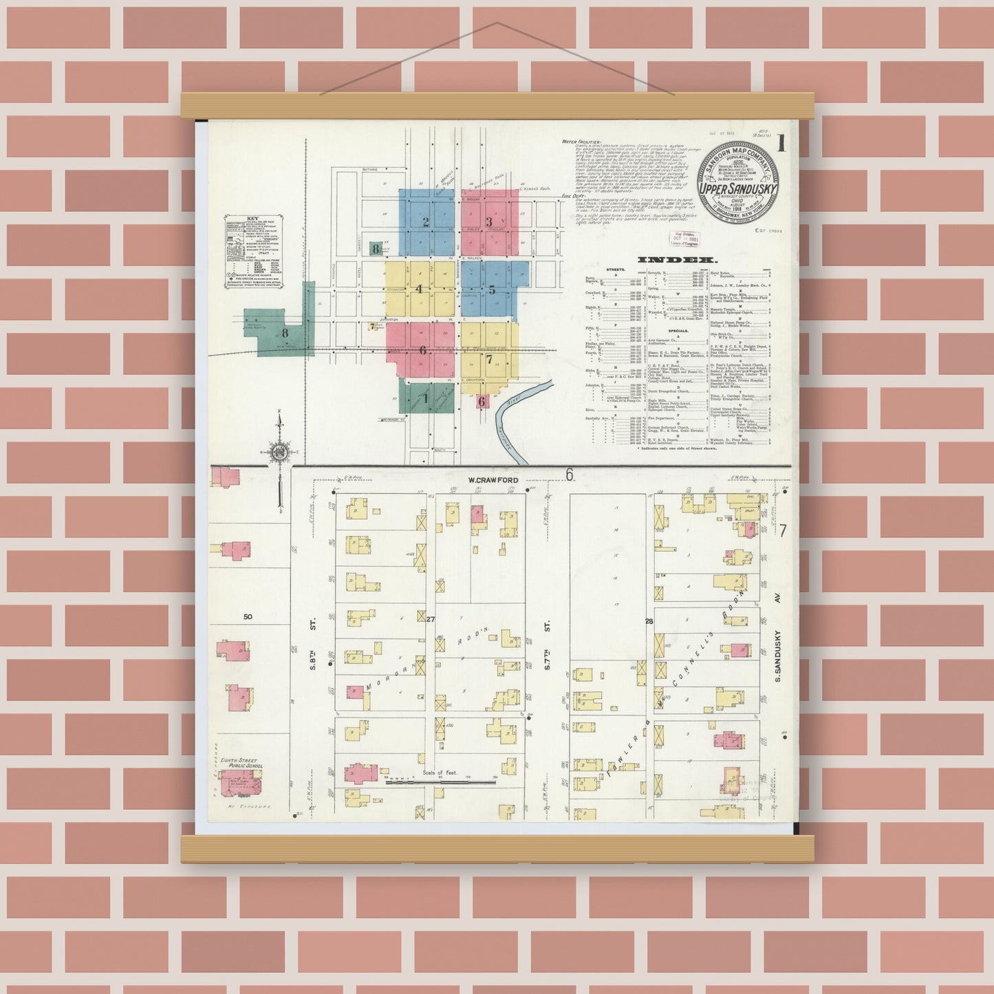 Old map wall art mockup — magnetic wood frame on brick wall — Sanborn Fire Insurance Map from Upper Sandusky, Wyandot County, Ohio (1911) - Complete Map Set