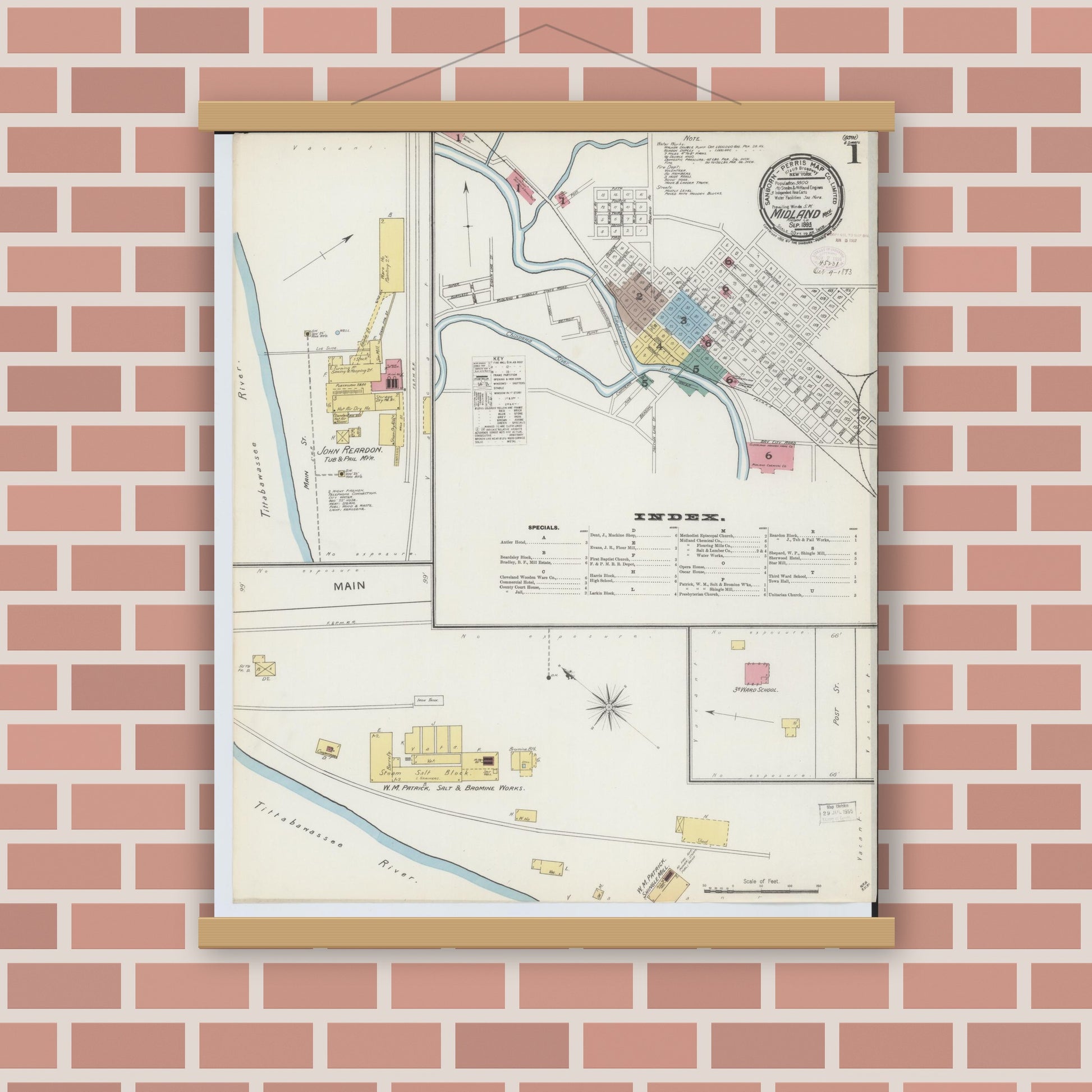 Old map wall art mockup — magnetic wood frame on brick wall — Sanborn Fire Insurance Map from Midland, Midland County, Michigan (1893) - Complete Map Set