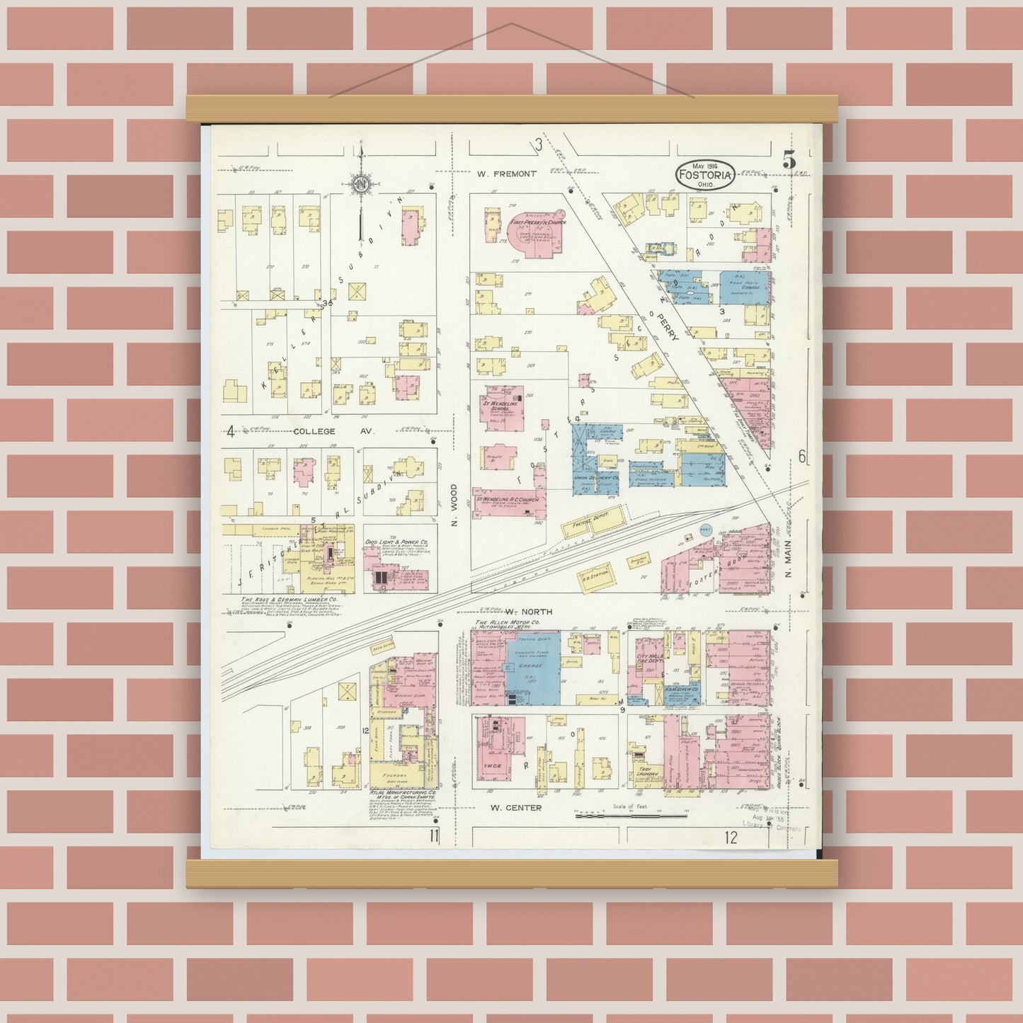 Old map wall art mockup — magnetic wood frame on brick wall — Sanborn Fire Insurance Map from Fostoria, Seneca, Hancock, And Wood Counties, Ohio (1914), Sheet #0005