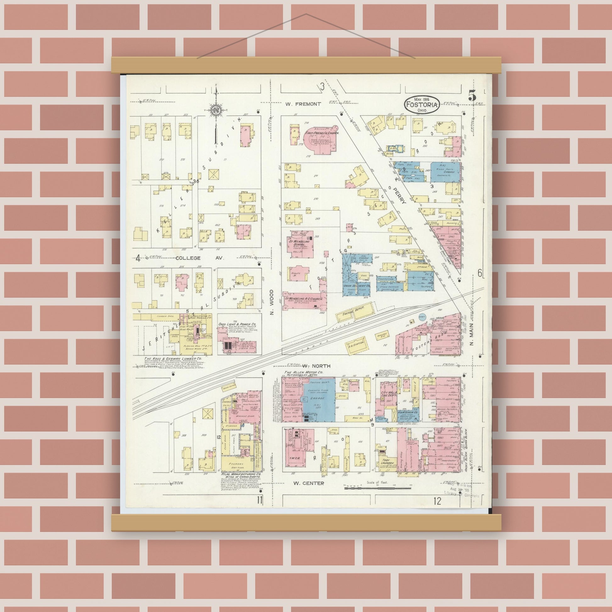 Old map wall art mockup — magnetic wood frame on brick wall — Sanborn Fire Insurance Map from Fostoria, Seneca, Hancock, And Wood Counties, Ohio (1914), Sheet #0005
