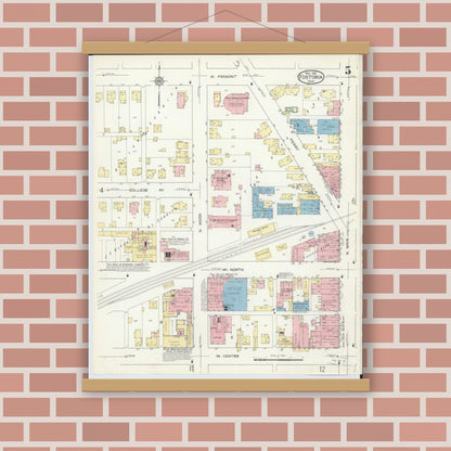 Old map wall art mockup — magnetic wood frame on brick wall — Sanborn Fire Insurance Map from Fostoria, Seneca, Hancock, And Wood Counties, Ohio (1914), Sheet #0005
