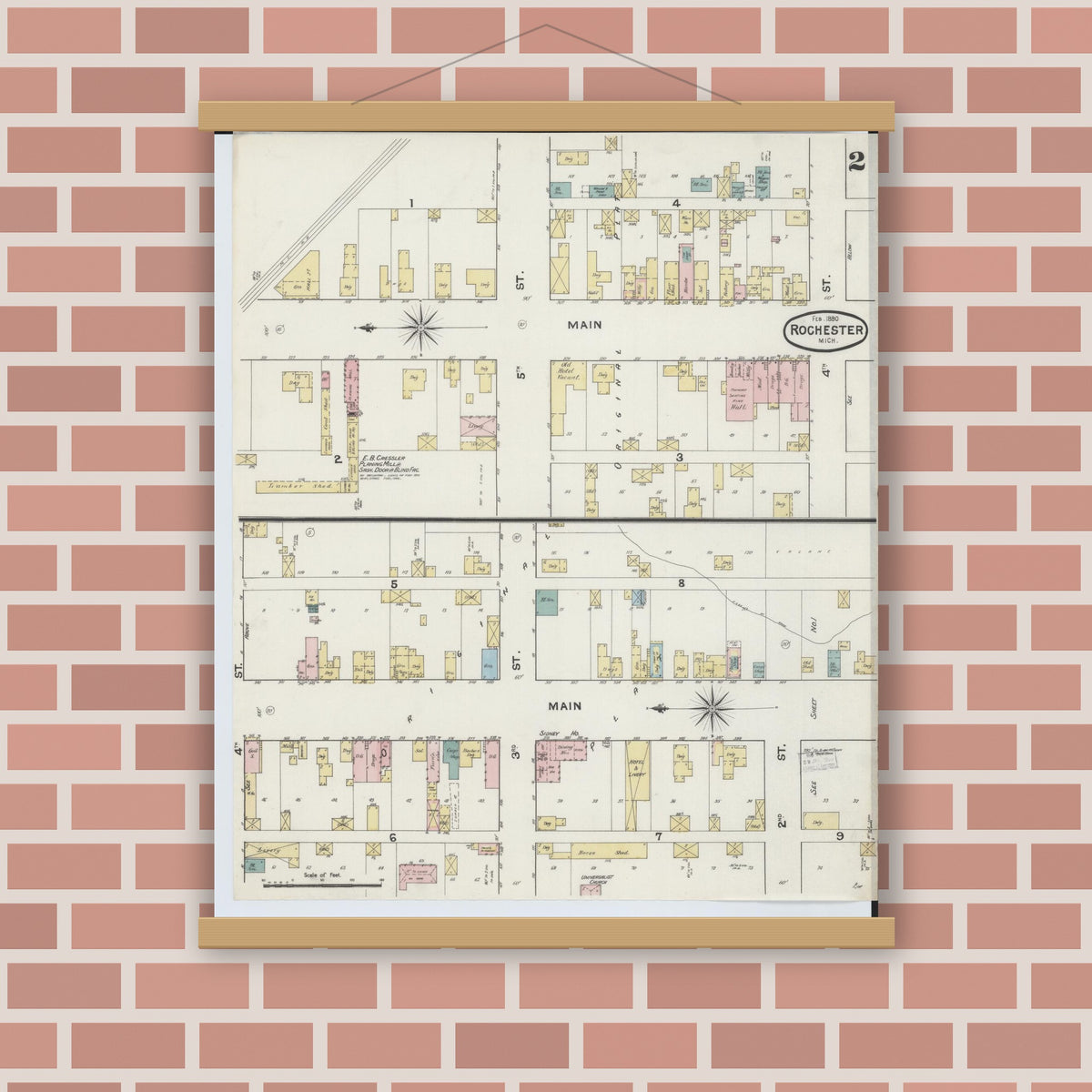 Old map wall art mockup — magnetic wood frame on brick wall — Sanborn Fire Insurance Map from Rochester, Oakland County, Michigan (1890), Sheet #0002