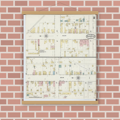 Old map wall art mockup — magnetic wood frame on brick wall — Sanborn Fire Insurance Map from Rochester, Oakland County, Michigan (1890), Sheet #0002
