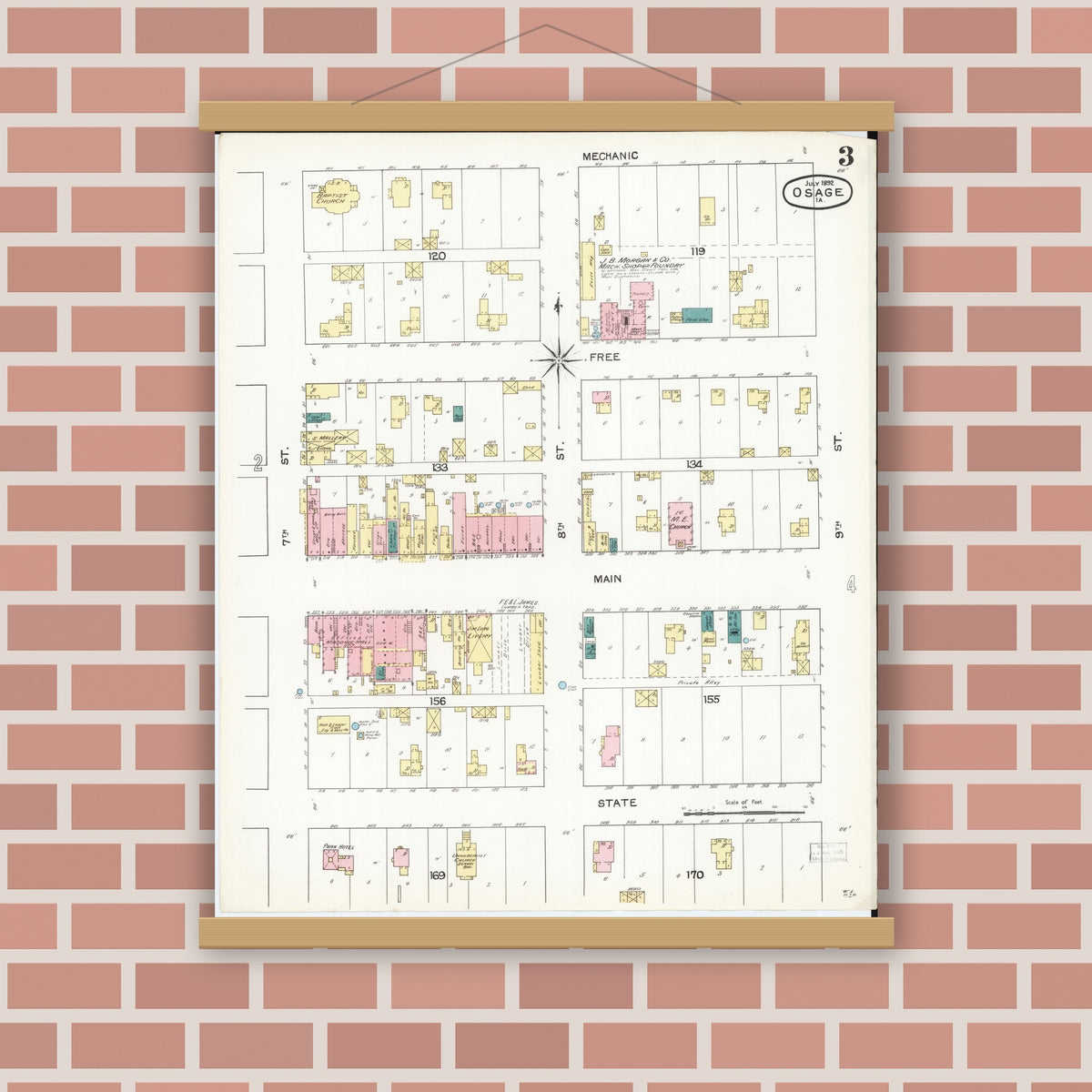 Old map wall art mockup — magnetic wood frame on brick wall — Sanborn Fire Insurance Map from Osage, Mitchell County, Iowa (1892), Sheet #0003