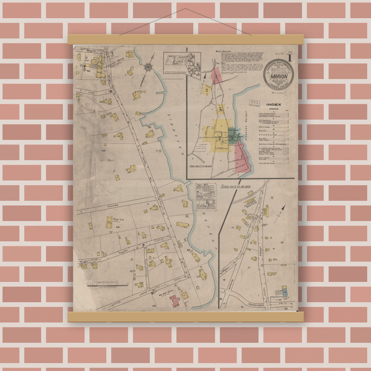 Old map wall art mockup — magnetic wood frame on brick wall — Sanborn Fire Insurance Map from Marion, Plymouth County, Massachusetts (1921), Sheet #0001