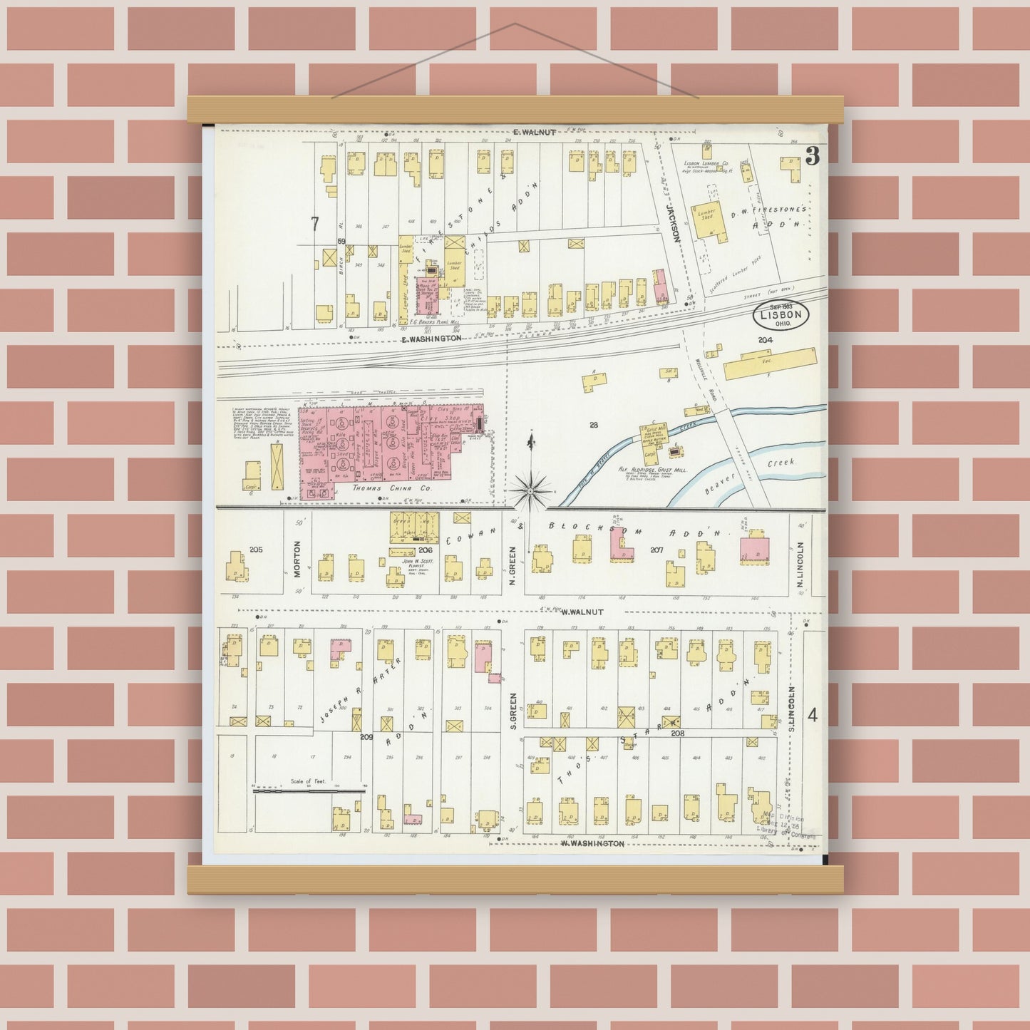 Old map wall art mockup — magnetic wood frame on brick wall — Sanborn Fire Insurance Map from Lisbon, Columbiana County, Ohio (1903), Sheet #0003