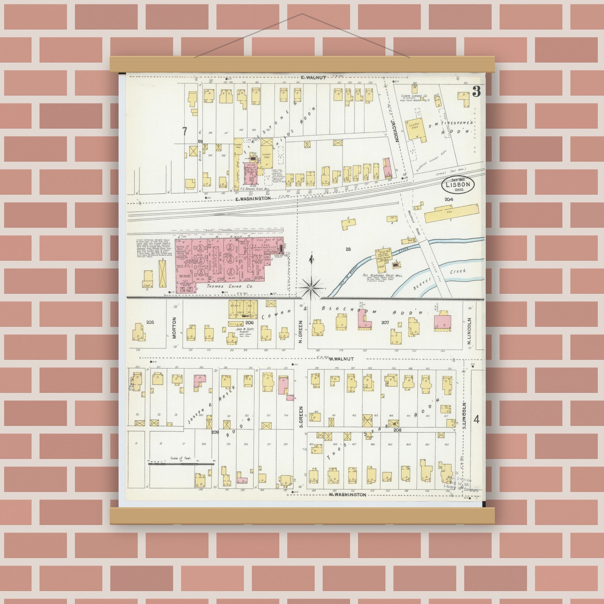 Old map wall art mockup — magnetic wood frame on brick wall — Sanborn Fire Insurance Map from Lisbon, Columbiana County, Ohio (1903), Sheet #0003
