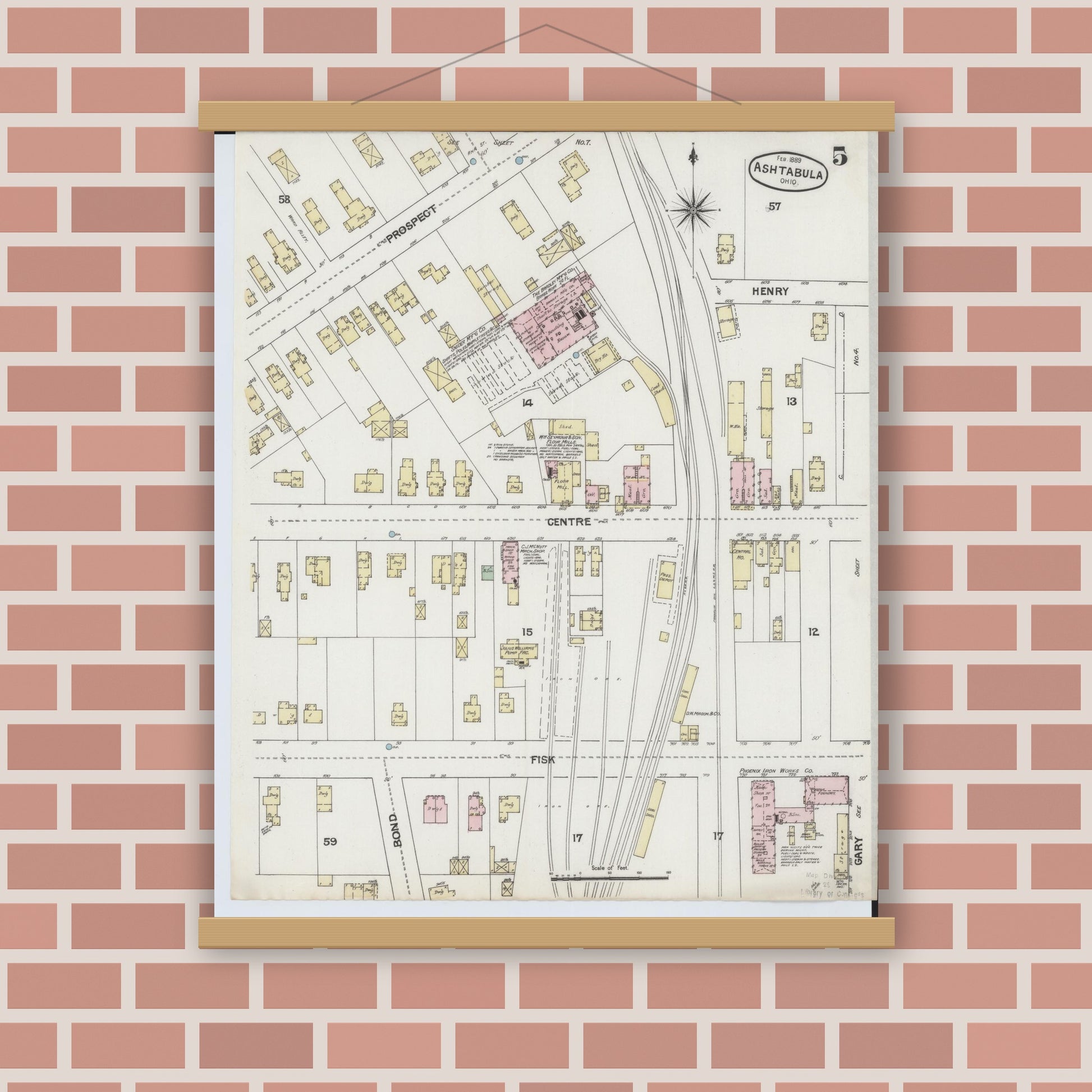 Old map wall art mockup — magnetic wood frame on brick wall — Sanborn Fire Insurance Map from Ashtabula, Ashtabula County, Ohio (1889), Sheet #0005