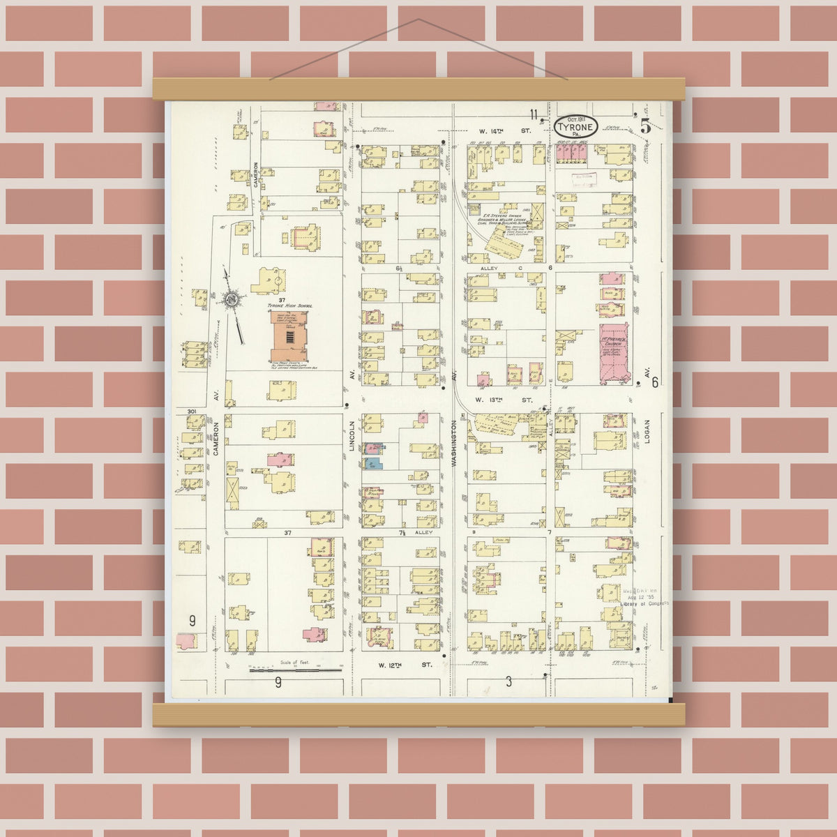 Old map wall art mockup — magnetic wood frame on brick wall — Sanborn Fire Insurance Map from Tyrone, Blair County, Pennsylvania (1911), Sheet #0005