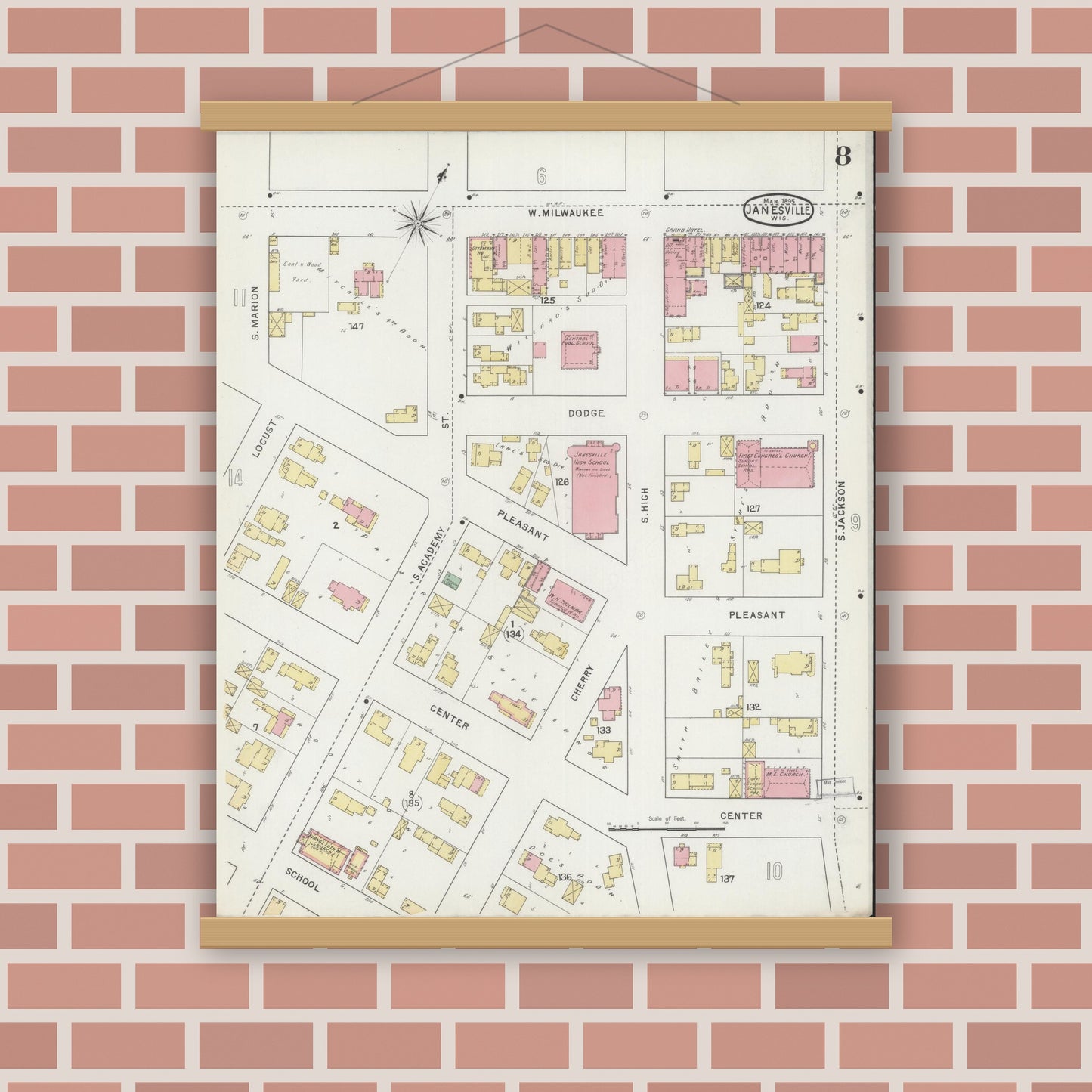Old map wall art mockup — magnetic wood frame on brick wall — Sanborn Fire Insurance Map from Janesville, Rock County, Wisconsin (1895), Sheet #0008
