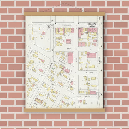 Old map wall art mockup — magnetic wood frame on brick wall — Sanborn Fire Insurance Map from Janesville, Rock County, Wisconsin (1895), Sheet #0008