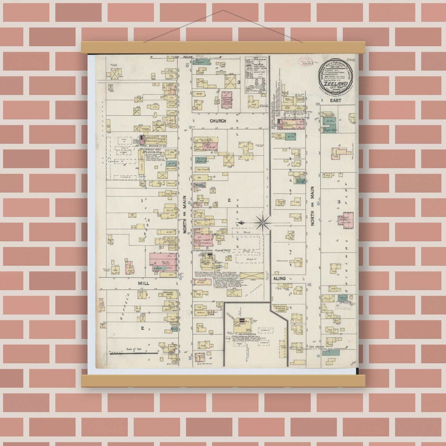 Old map wall art mockup — magnetic wood frame on brick wall — Sanborn Fire Insurance Map from Zeeland, Ottawa County, Michigan (1889), Sheet #0001