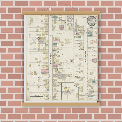 Old map wall art mockup — magnetic wood frame on brick wall — Sanborn Fire Insurance Map from Zeeland, Ottawa County, Michigan (1889), Sheet #0001