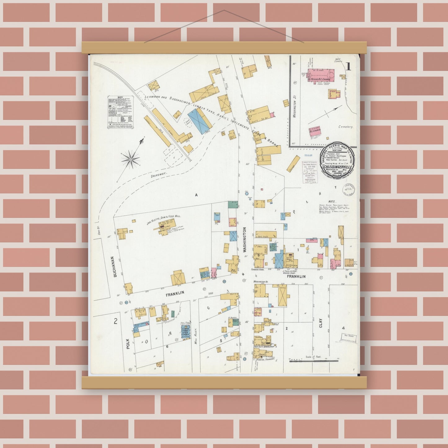 Old map wall art mockup — magnetic wood frame on brick wall — Sanborn Fire Insurance Map from Schleisingerville, Washington County, Wisconsin (1900) - Complete Map Set