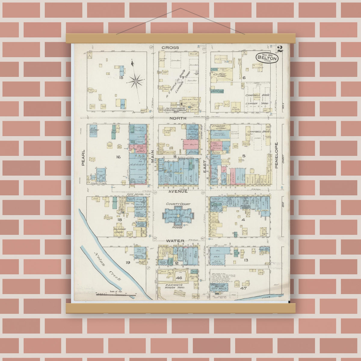 Old map wall art mockup — magnetic wood frame on brick wall — Sanborn Fire Insurance Map from Belton, Bell County, Texas (1885), Sheet #0002