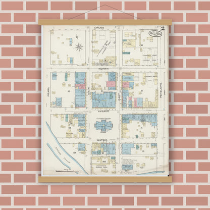 Old map wall art mockup — magnetic wood frame on brick wall — Sanborn Fire Insurance Map from Belton, Bell County, Texas (1885), Sheet #0002