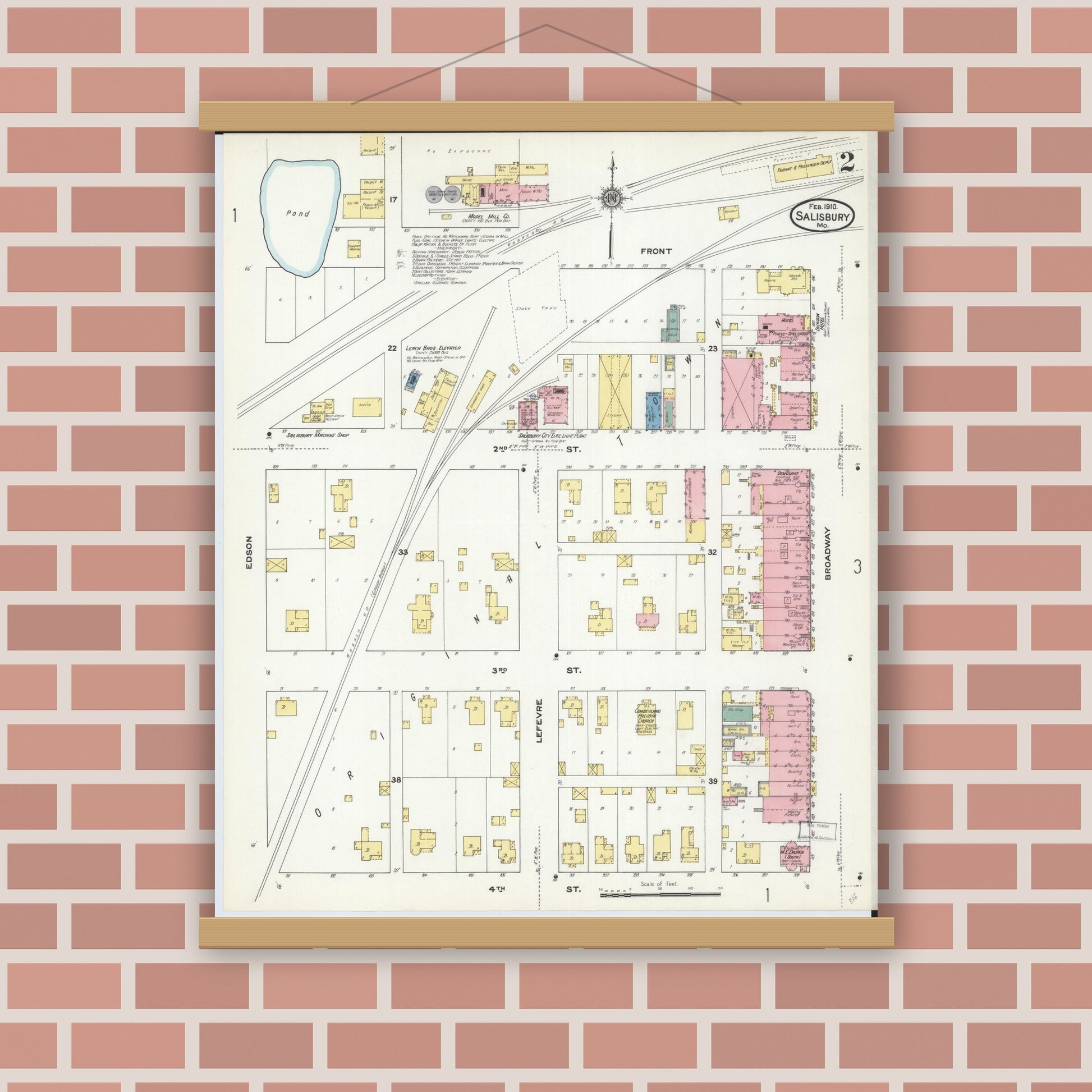 Old map wall art mockup — magnetic wood frame on brick wall — Sanborn Fire Insurance Map from Salisbury, Chariton County, Missouri (1910), Sheet #0002