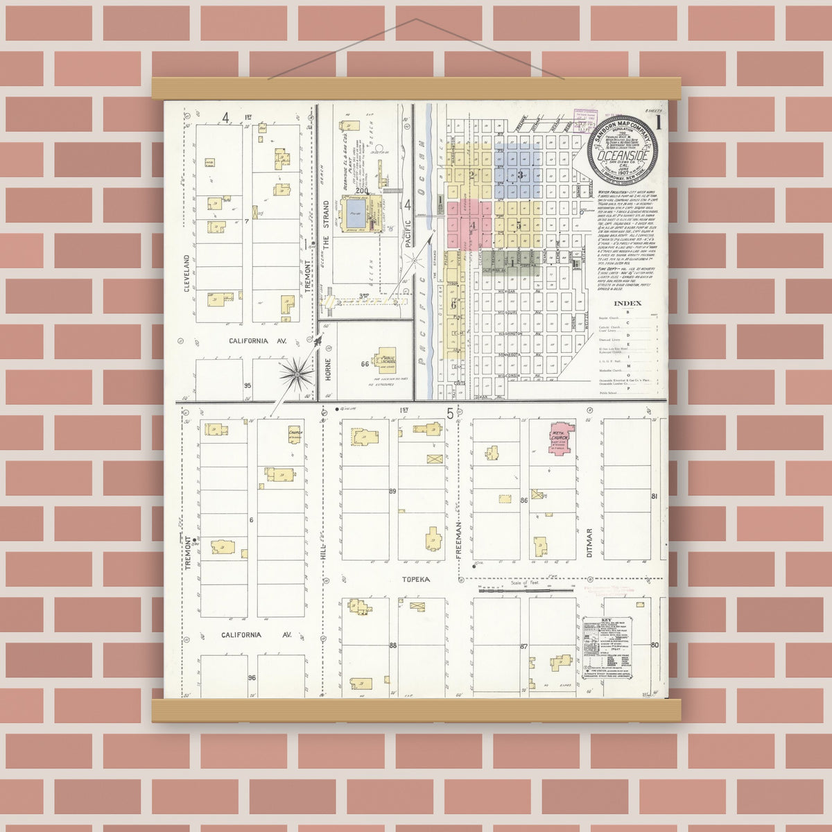 Old map wall art mockup — magnetic wood frame on brick wall — Sanborn Fire Insurance Map from Oceanside, San Diego County, California (1907) - Complete Map Set