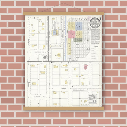 Old map wall art mockup — magnetic wood frame on brick wall — Sanborn Fire Insurance Map from Oceanside, San Diego County, California (1907) - Complete Map Set