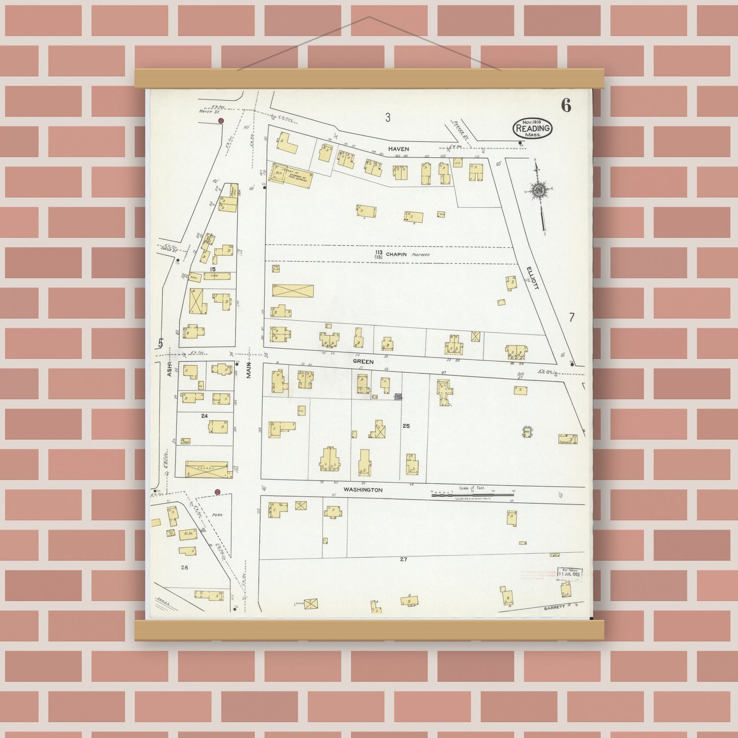 Old map wall art mockup — magnetic wood frame on brick wall — Sanborn Fire Insurance Map from Reading, Middlesex County, Massachusetts (1918), Sheet #0006