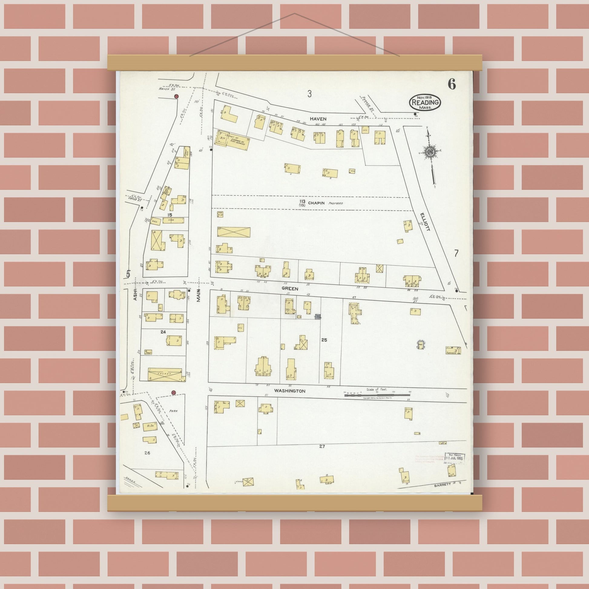 Old map wall art mockup — magnetic wood frame on brick wall — Sanborn Fire Insurance Map from Reading, Middlesex County, Massachusetts (1918), Sheet #0006