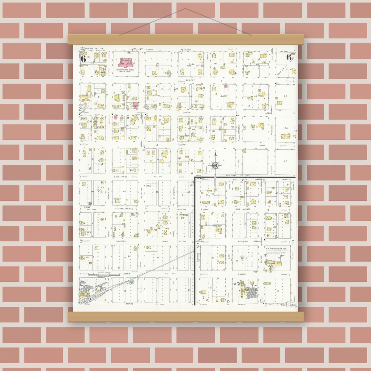 Old map wall art mockup — magnetic wood frame on brick wall — Sanborn Fire Insurance Map from Henrietta, Clay County, Texas (1934), Sheet #0006