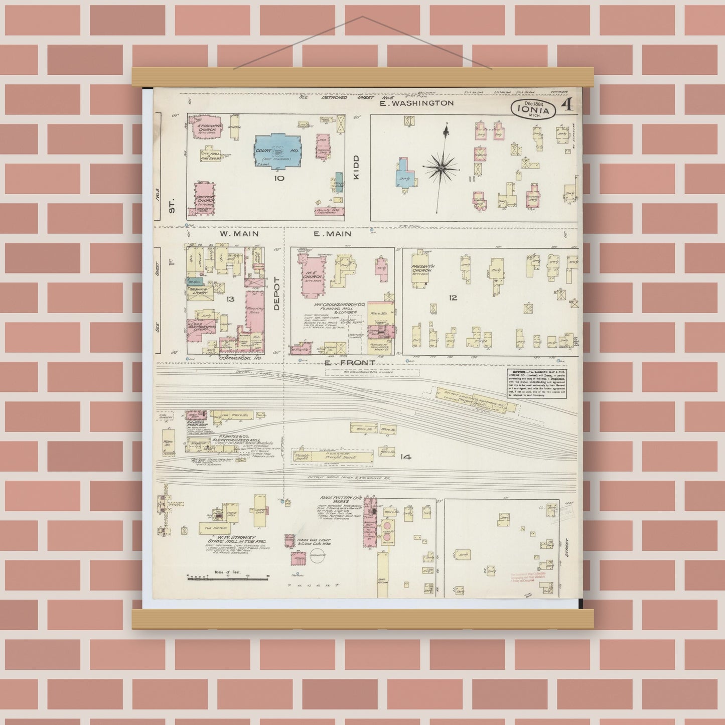 Old map wall art mockup — magnetic wood frame on brick wall — Sanborn Fire Insurance Map from Ionia, Ionia County, Michigan (1884), Sheet #0004